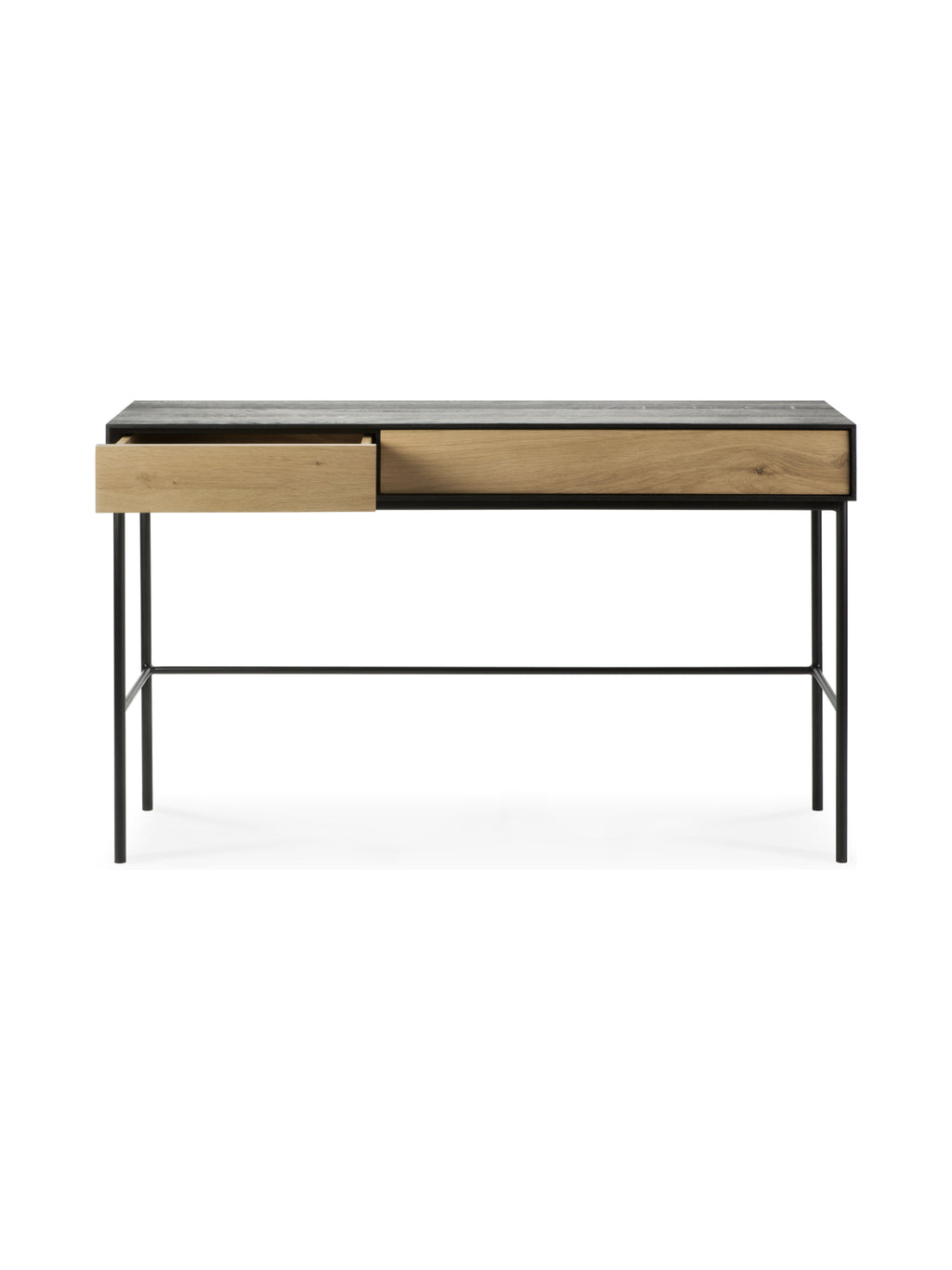 Ethnicraft Blackbird Desk, a contemporary dark oak desk featuring a smooth top and a single open drawer revealing its light wood interior, supported by a stylish black metal frame with slim legs, presented on a white background.