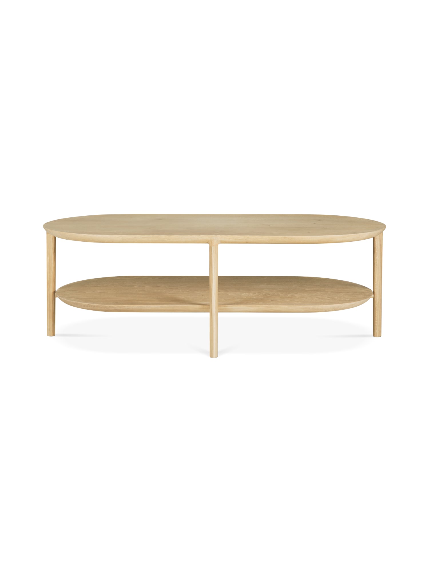 Ethnicraft Bok Coffee Table, an elegant oval-shaped coffee table crafted from natural light oak wood, featuring a smooth top and a convenient lower shelf, supported by minimalist wooden legs, displayed on a white background.