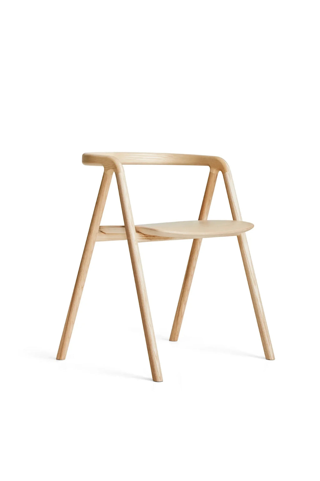 Made by Choice Laakso Dining Chair, a beautifully crafted light natural wood chair with a gently curved backrest and a minimalist design, presented front-facing on a clean white background, highlighting its elegant form.
