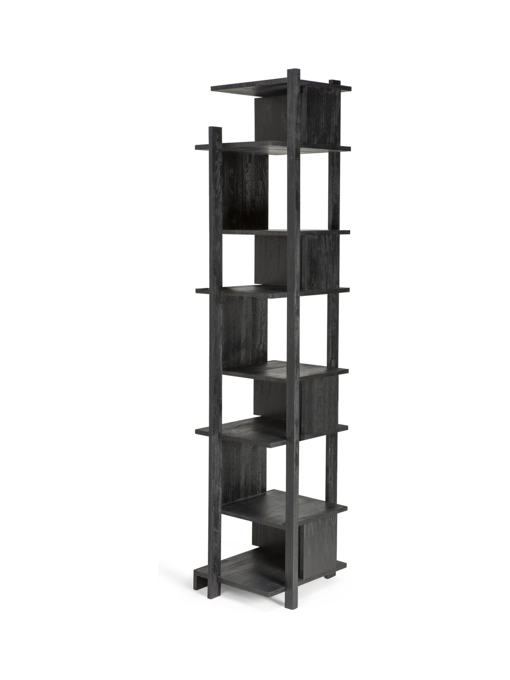 Ethnicraft Abstract Column, a striking tall, dark black varnished teak shelving unit with an open, staggered design. Its unique, modern profile features five distinct shelves, creating an artistic and functional display piece on a white background.
