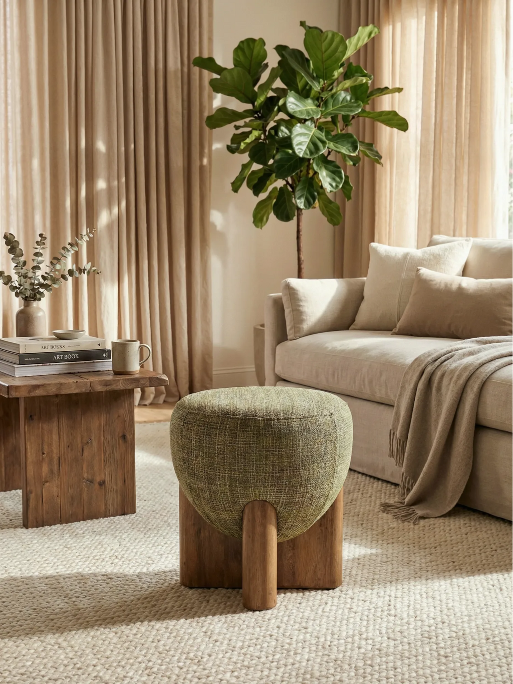 TCL Studios Grove Pouf, a contemporary organic modern accent pouf featuring a rounded, spherical top upholstered in a rich, textured sage green fabric, resting on a unique sculptural base crafted from natural solid wood. This versatile pouf combines minimalist design with cozy texture, ideal for Japandi living rooms, modern minimalist bedrooms, or stylish reading nooks.
