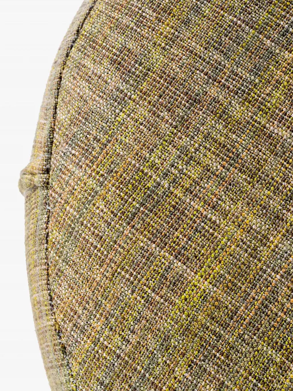 TCL Studios Grove Pouf, a plush, rounded accent pouf upholstered in a heavily textured, multi-color woven fabric featuring a rich blend of earthy lime green, olive green, brown, beige,.
