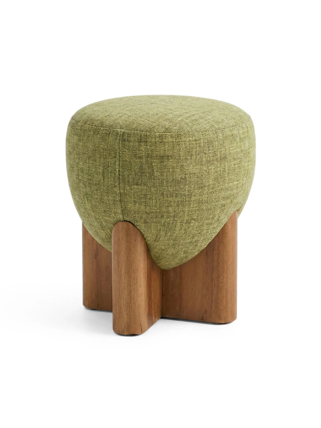 TCL Studios Grove Pouf, a contemporary organic modern pouf featuring a rounded, plush moss green upholstered top with a textured fabric weave, supported by a sculptural solid wood base with three thick, curved legs in a warm brown finish. This versatile accent stool is perfect for adding a touch of natural elegance to a living room, bedroom, or cozy reading nook.