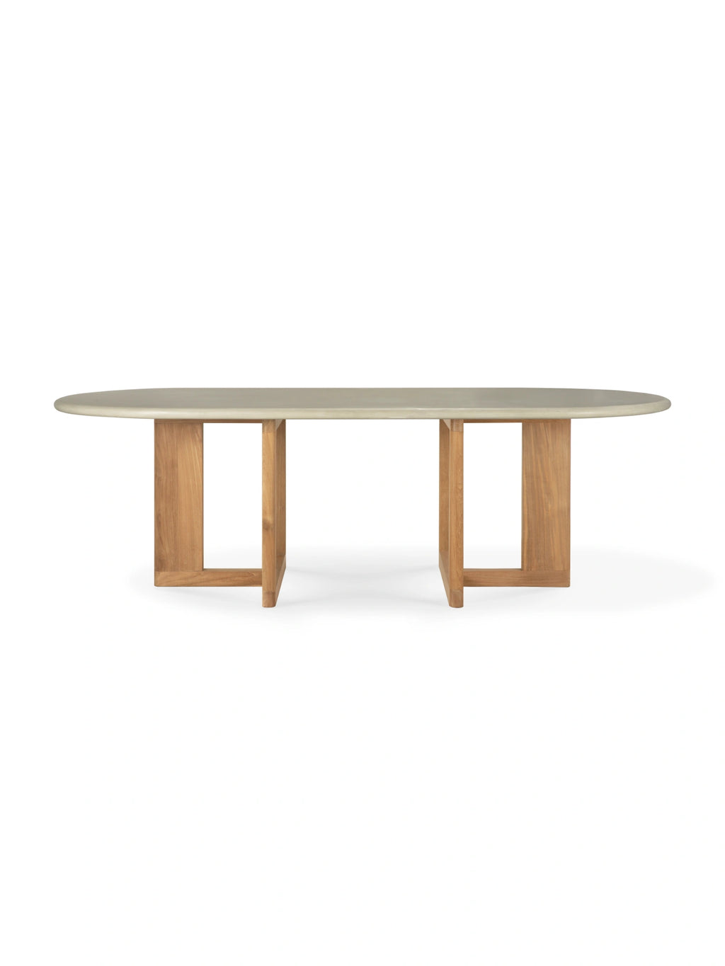 Ethnicraft Trestle Outdoor Dining Table, presented with its light grey oval concrete top and a solid reclaimed teak base, viewed from the front. The modern design and durable materials make it ideal for any patio.