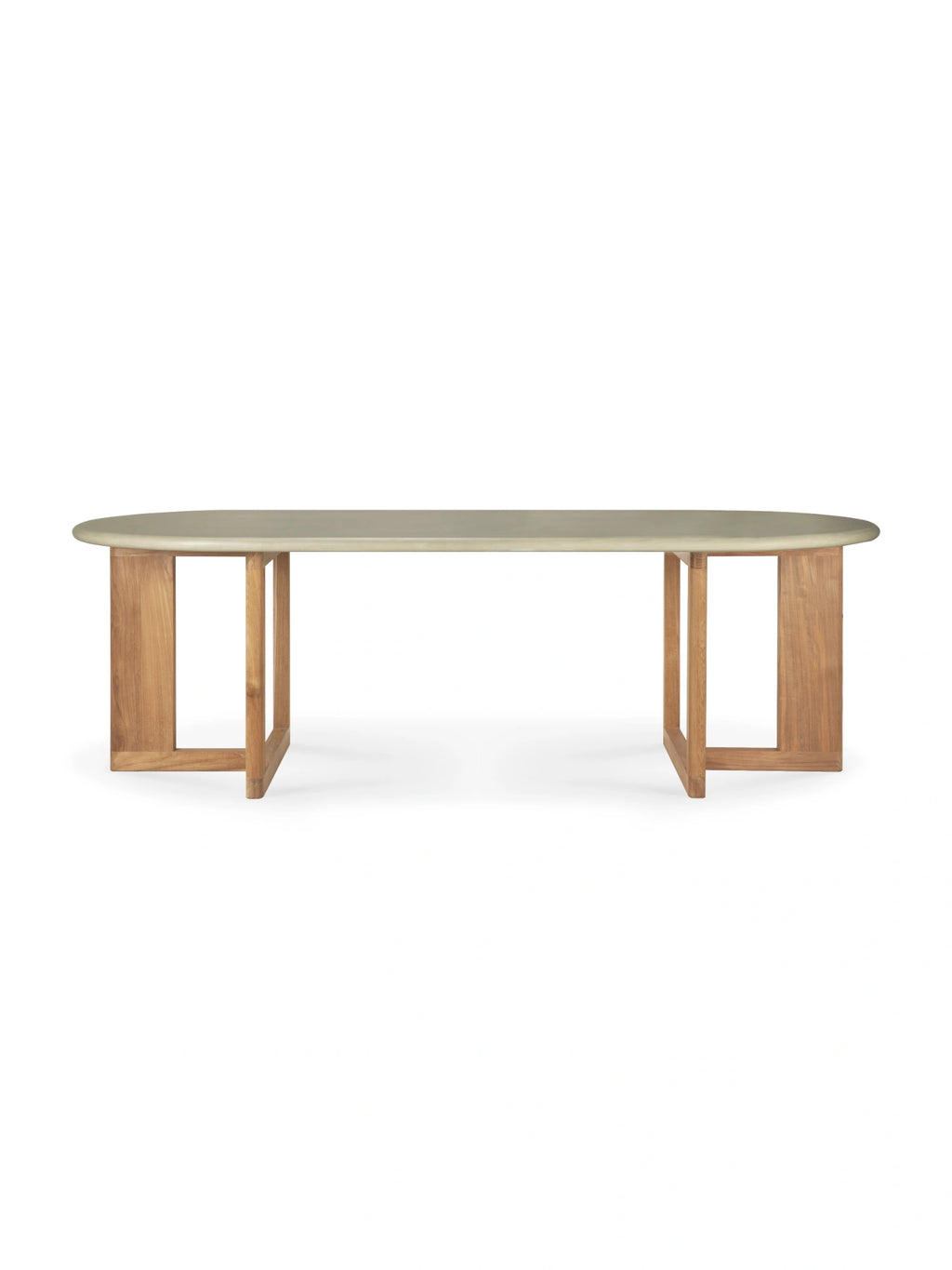 Ethnicraft Trestle Outdoor Dining Table, showcasing its light grey oval concrete top and robust reclaimed teak base from a profile view, highlighting the distinctive trestle leg structure. Perfect for contemporary outdoor spaces.