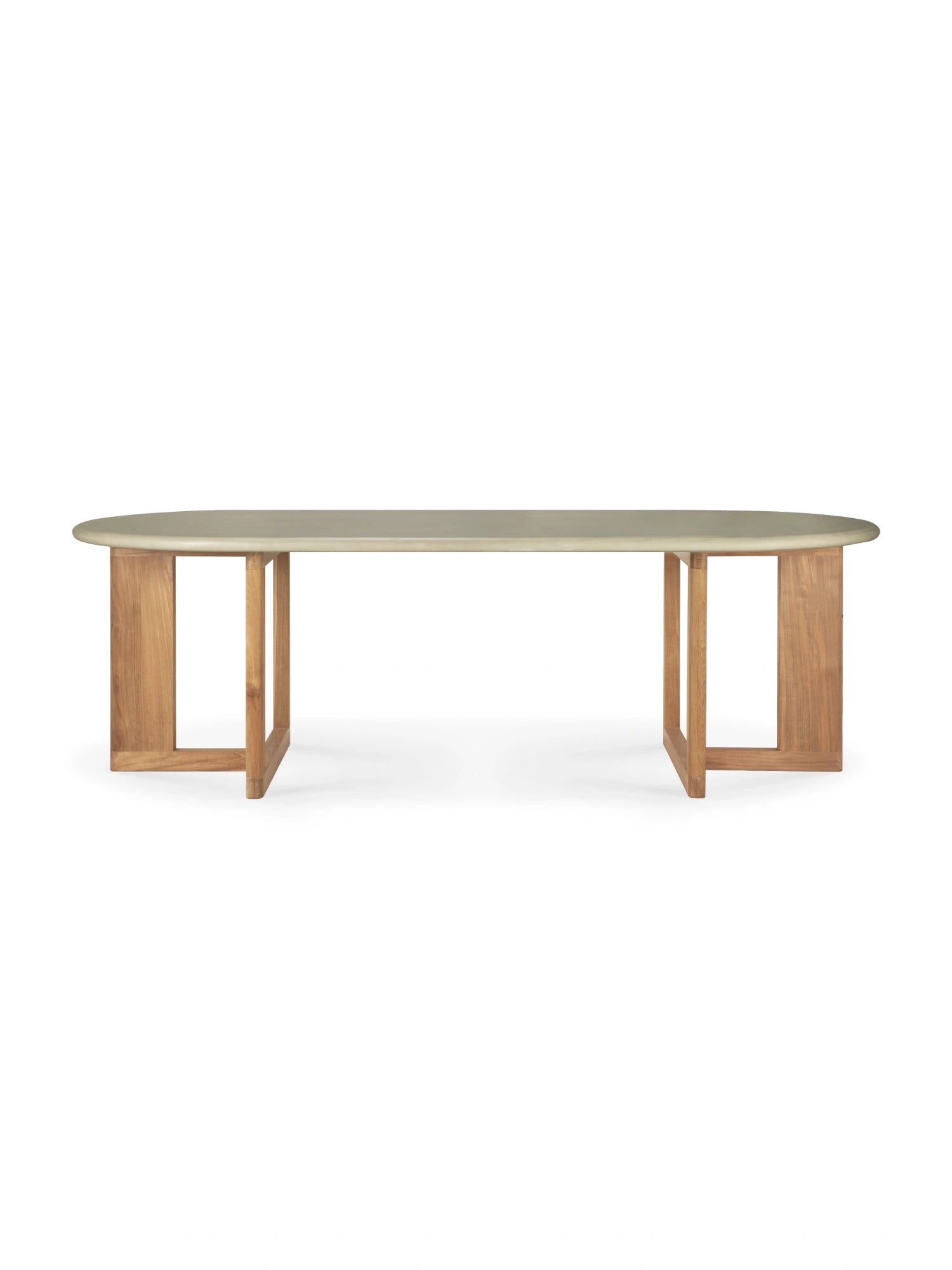 Ethnicraft Trestle Outdoor Dining Table, showcasing its light grey oval concrete top and robust reclaimed teak base from a profile view, highlighting the distinctive trestle leg structure. Perfect for contemporary outdoor spaces.