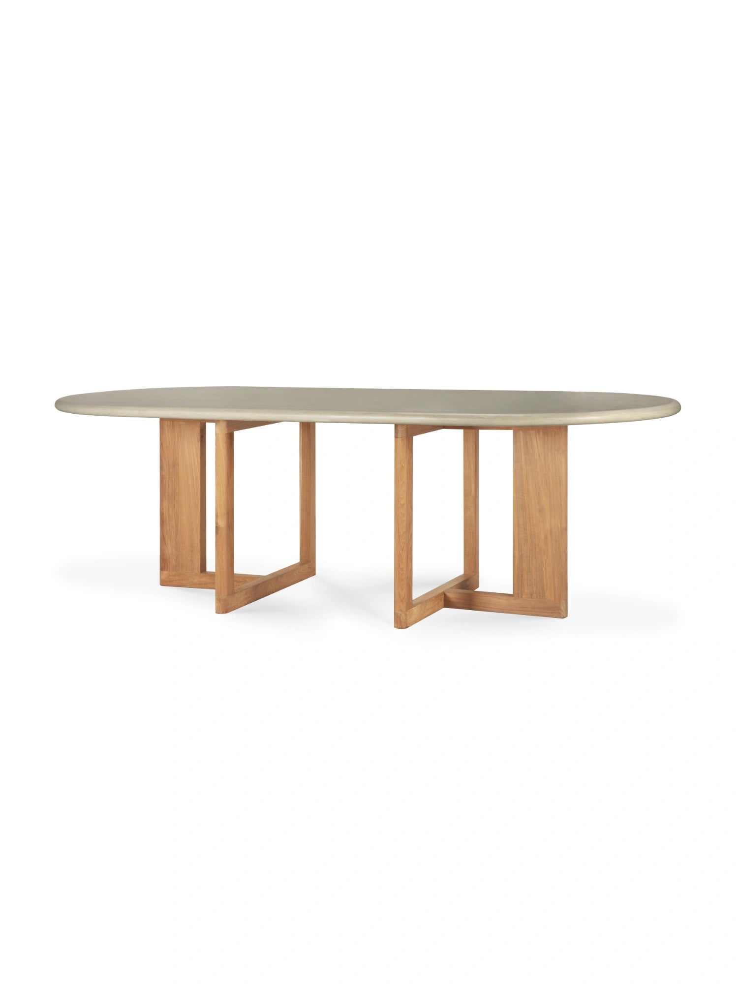 Ethnicraft Trestle Outdoor Dining Table, featuring a light grey oval concrete top and a sturdy reclaimed teak base with a unique trestle design, displayed on a clean white background. This elegant piece offers modern outdoor dining.