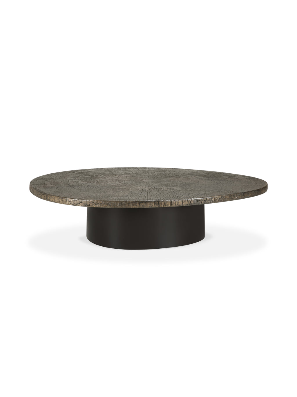 Ethnicraft Slice Coffee Table, an oval-shaped coffee table with a dark, textured mineral top featuring subtle radial patterns, supported by a sturdy, cylindrical black metal base, offering a sophisticated, contemporary look, displayed on white background.