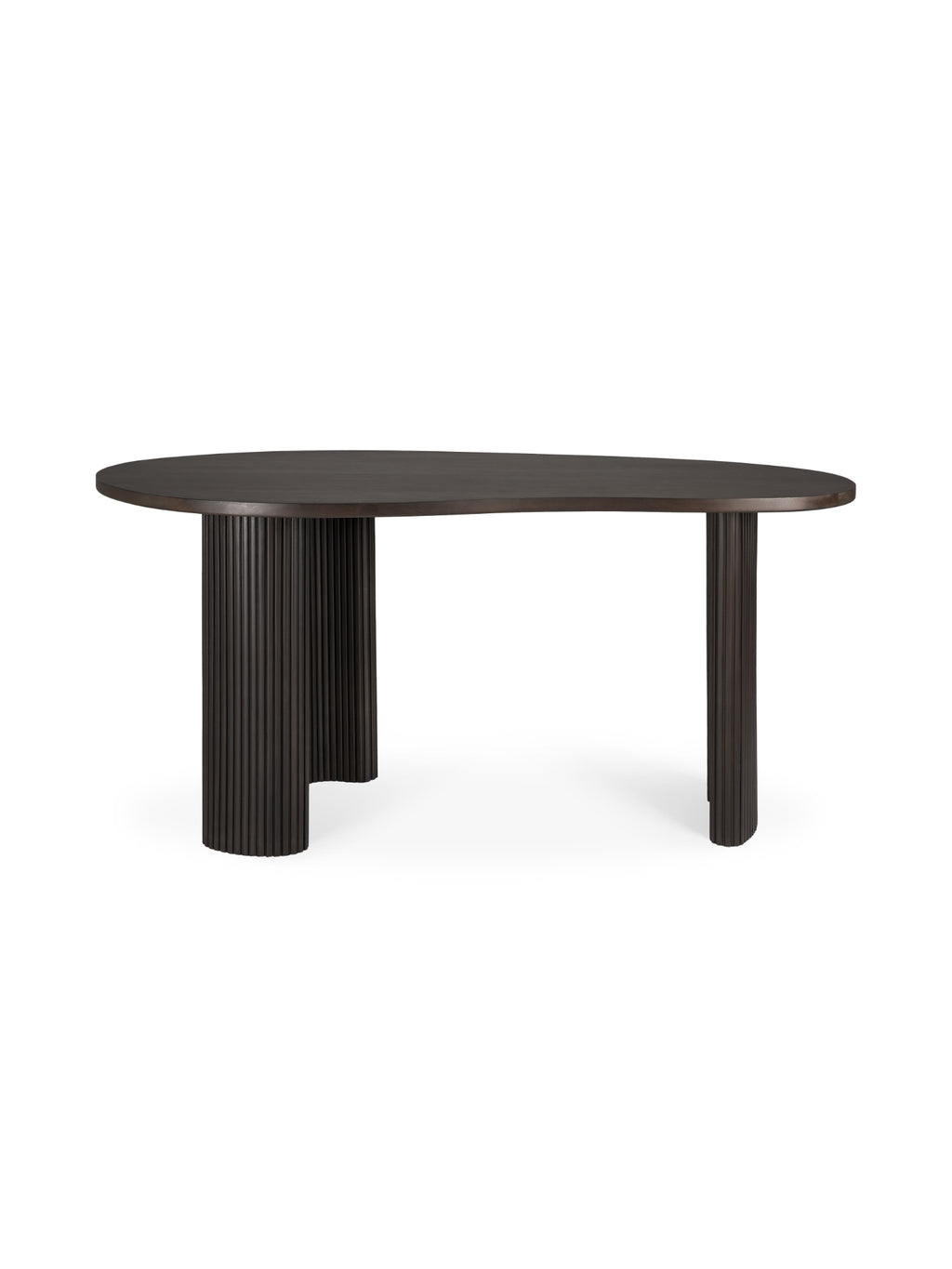 Ethnicraft Boomerang Desk, a stunning dark brown varnished mahogany desk with a unique, organically shaped tabletop and fluted cylindrical legs. This elegant and modern desk features a distinctive design, presented front-on against a crisp white background, emphasizing its sculptural form.