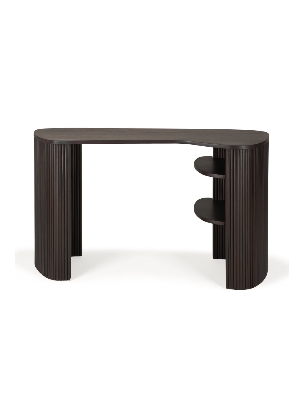 Ethnicraft Roller Max Desk, a luxurious dark brown varnished mahogany desk with a distinctive fluted texture on its solid, curved legs. This elegant and functional piece features integrated shelving on one side, displayed prominently from the front on a white background.