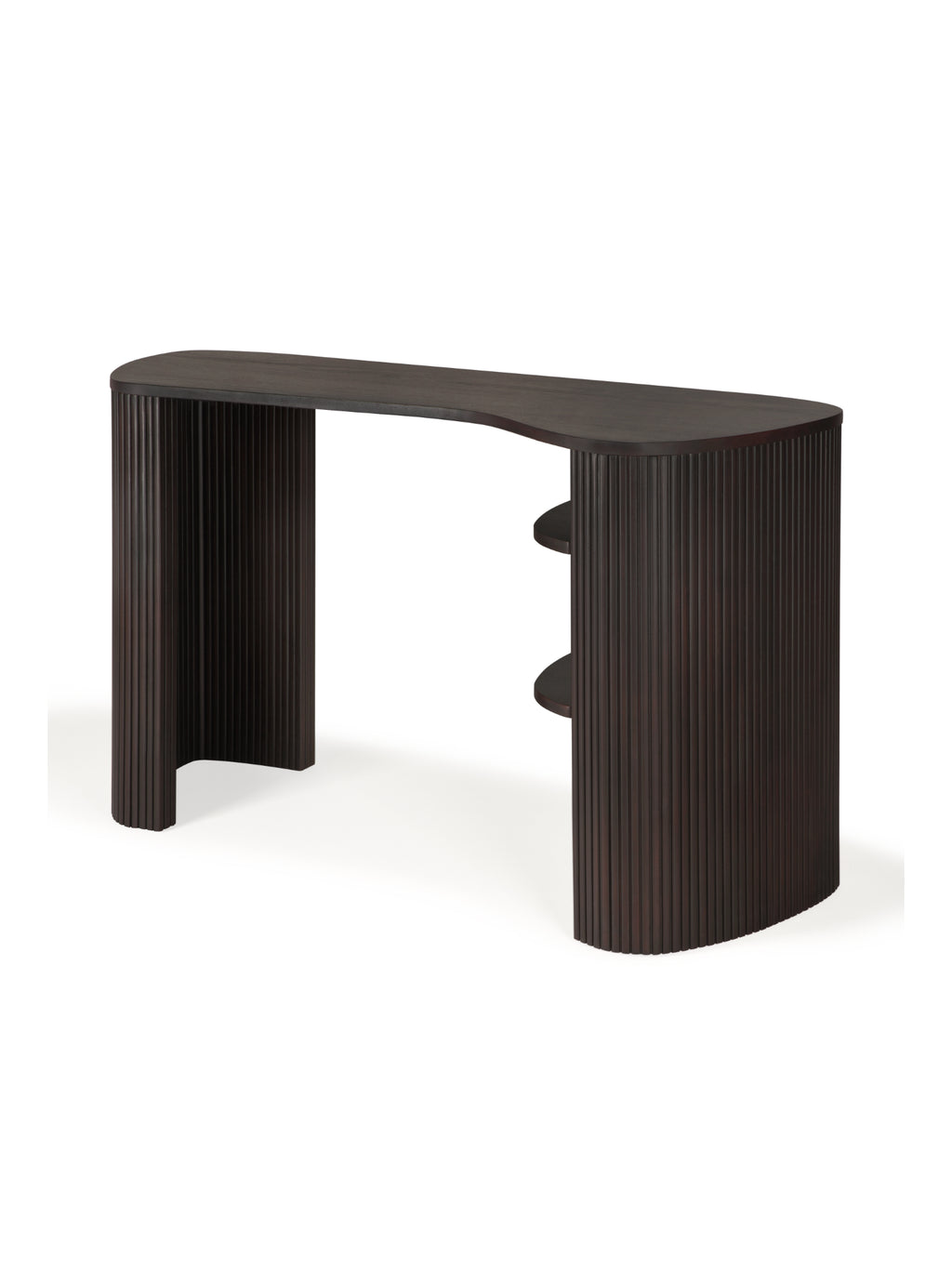 Ethnicraft Roller Max Desk, a premium dark brown varnished mahogany desk, showcasing its unique fluted texture on the curved legs and integrated shelves. This modern and elegant desk is captured from a different side angle, highlighting its sophisticated design on a white background.