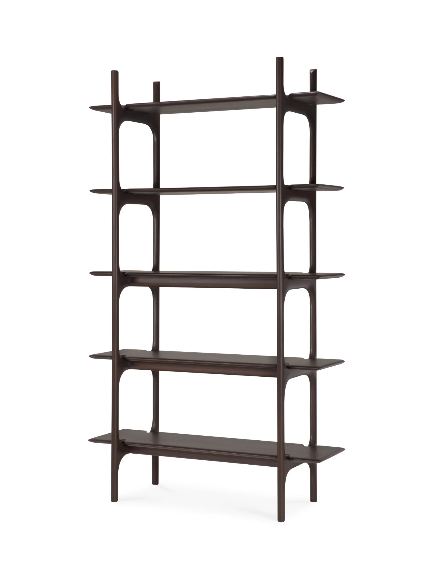 Ethnicraft PI Rack, a sleek five-shelf bookcase crafted from dark brown varnished mahogany, showcasing a contemporary design with smooth, curved edges and sturdy construction, displayed on a white background.