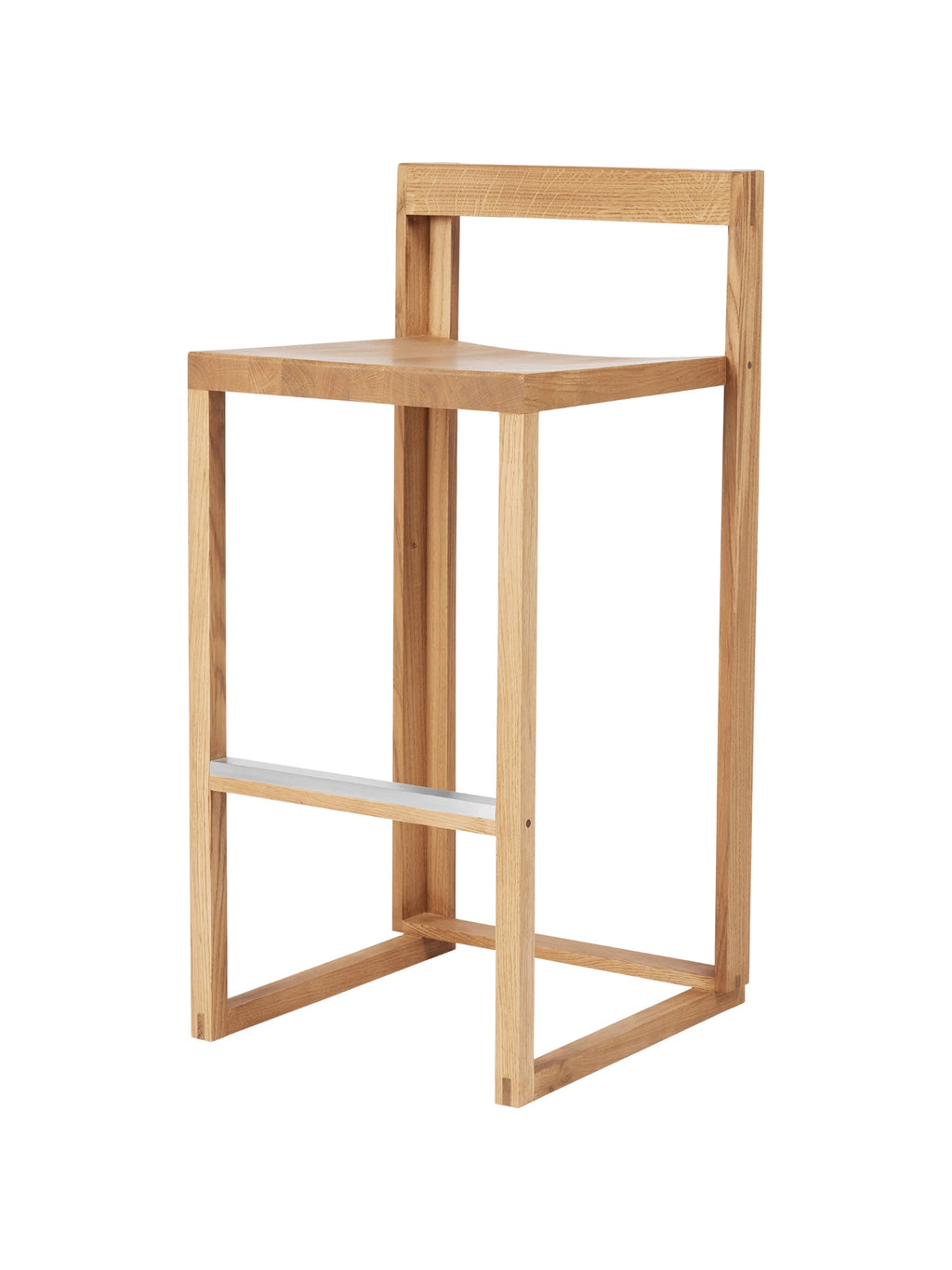 Kristina Dam Outline Bar Chair, a modern minimalist bar chair meticulously crafted from natural solid oak wood, featuring a clean, angular design and an open, architectural frame. This Scandinavian-inspired bar stool includes a supportive backrest and an integrated silver metal footrest for comfort and durability. Ideal for contemporary kitchen islands, home bars, or modern dining spaces seeking a light and airy aesthetic.