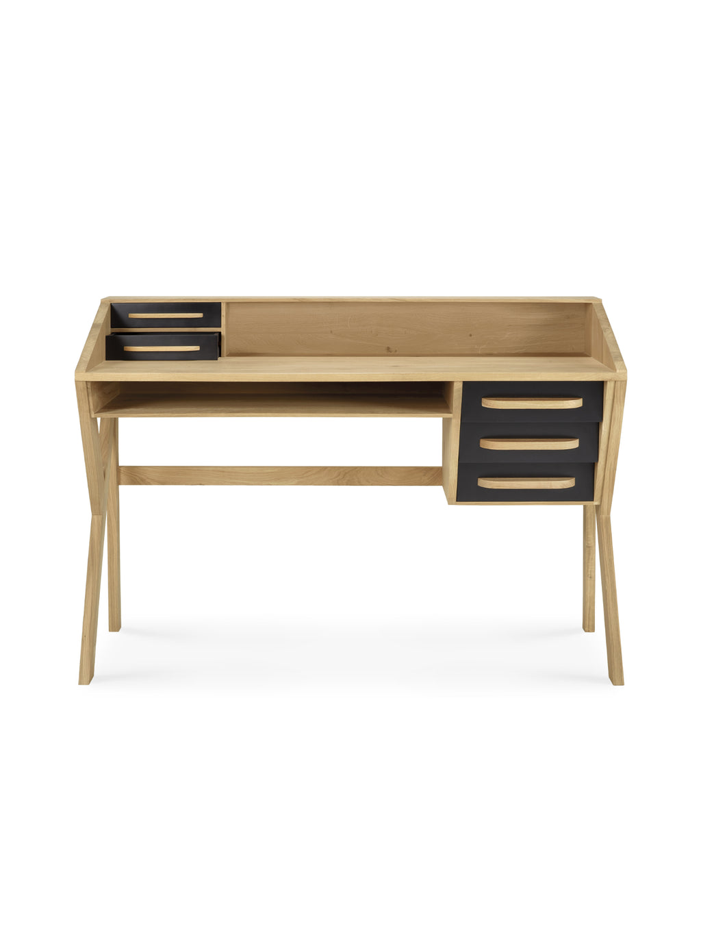 Ethnicraft Origami Desk in light oak wood with sleek black drawer fronts, showcasing its modern and sophisticated design. The desk features multiple storage compartments and a distinctive geometric silhouette, presented front-on against a bright white background.