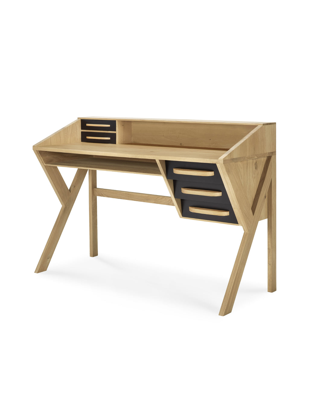 Ethnicraft Origami Desk, a contemporary light oak wood desk with striking black drawer fronts, captured from a side perspective. The unique, angled leg structure and integrated storage units are clearly visible, highlighting its artistic and functional design on a white background.