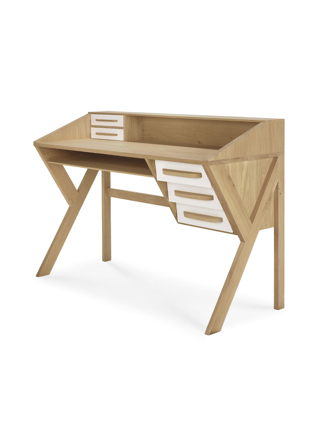 Ethnicraft Origami Desk, a stylish light oak wood desk with cream-colored drawers, viewed from a side angle. The innovative, angular leg design and integrated storage solutions are prominent, emphasizing its contemporary aesthetic and practical functionality on a white background.