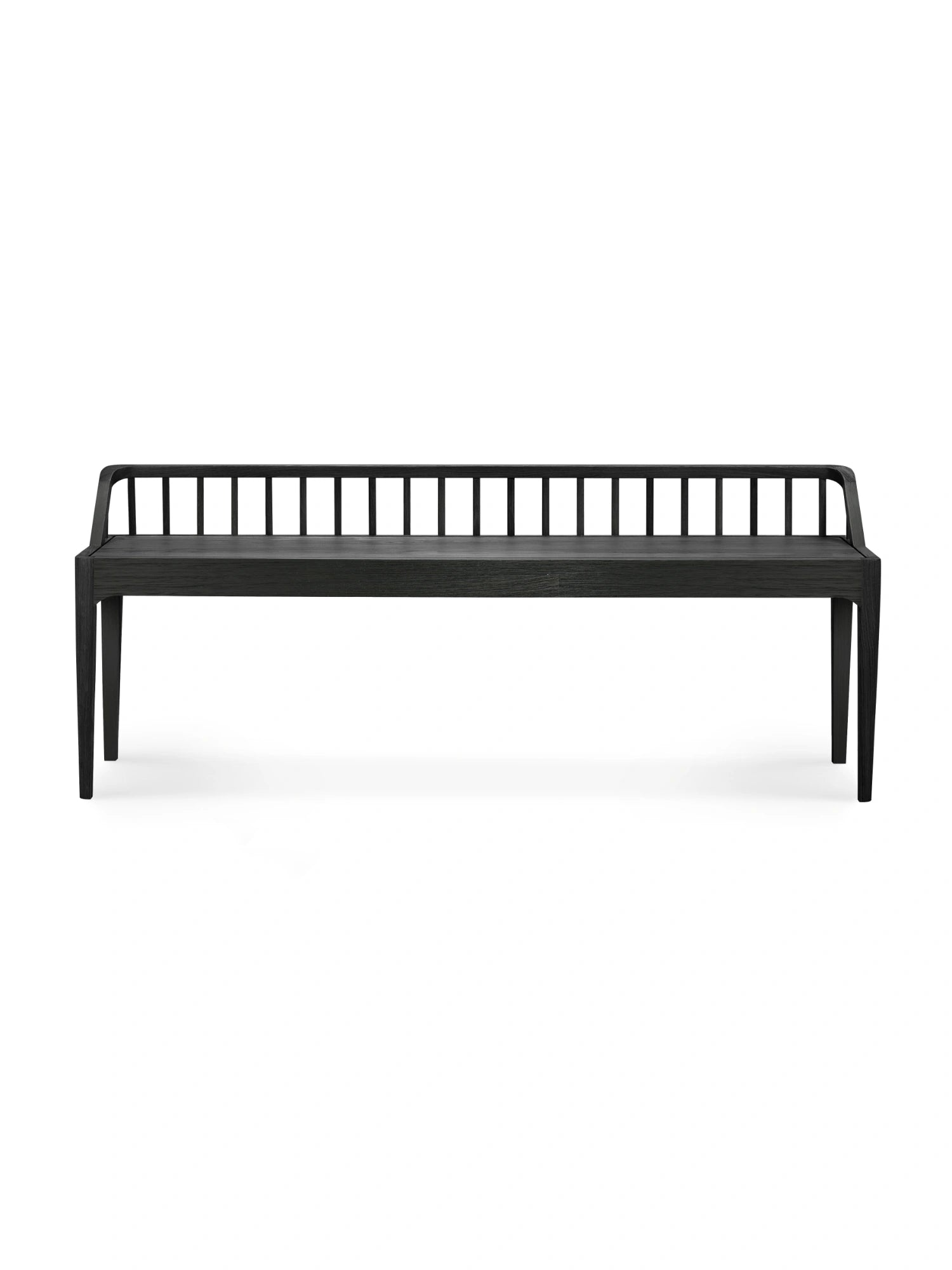 Ethnicraft Spindle Bench, a modern minimalist solid dark oak bench featuring a clean-lined rectangular seat and a distinctive slatted spindle backrest with gracefully curved ends. This contemporary black stained wood bench showcases visible wood grain and elegant tapered legs, blending Scandinavian design with functional comfort.