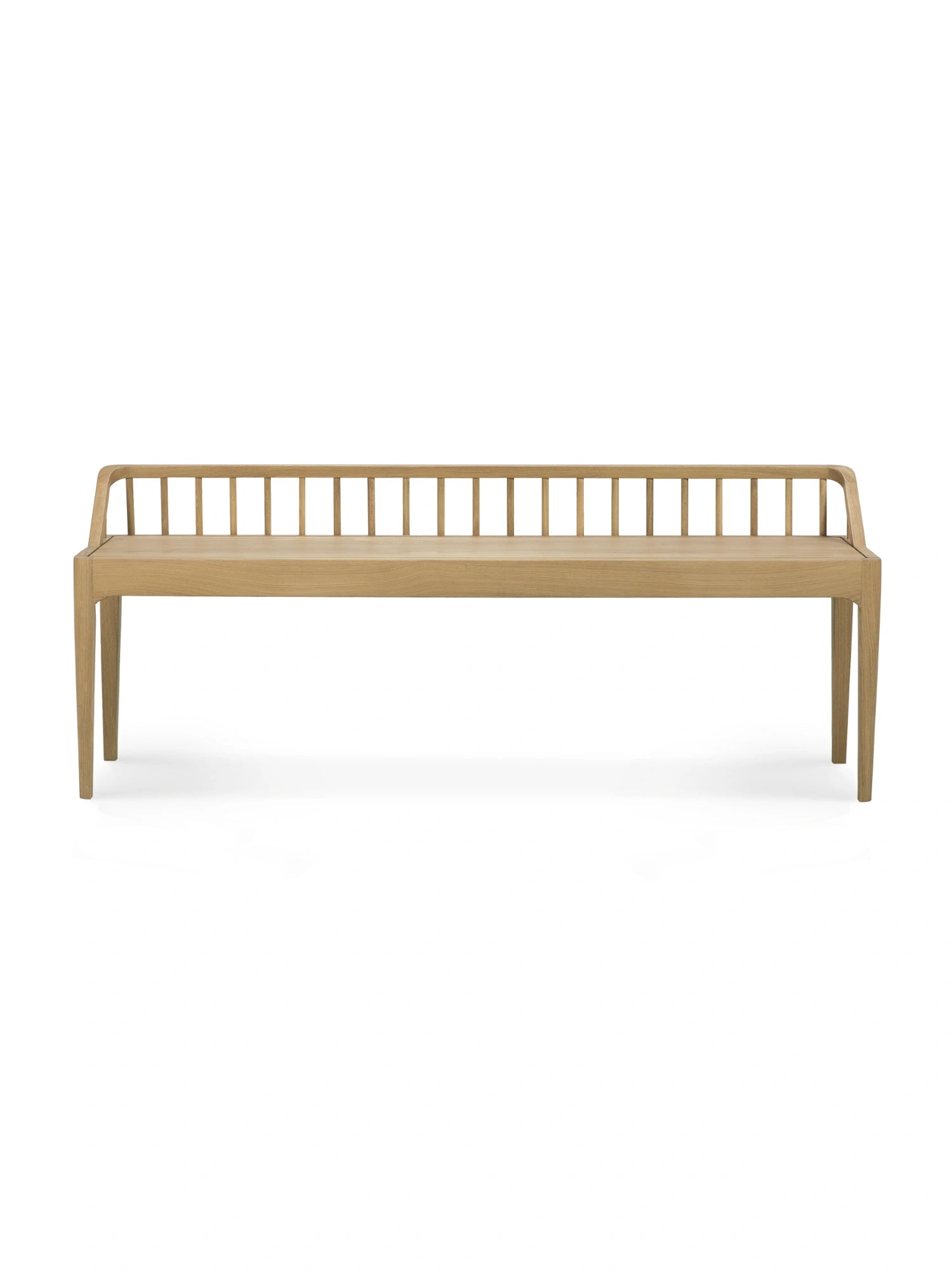 Ethnicraft Spindle Bench, a modern minimalist solid oak bench crafted from natural light oak wood with a smooth finish, featuring a distinctive spindle backrest and elegantly tapered legs. Ideal as a stylish Scandinavian dining bench, functional entryway seating, or a contemporary accent piece for bedrooms and living rooms.