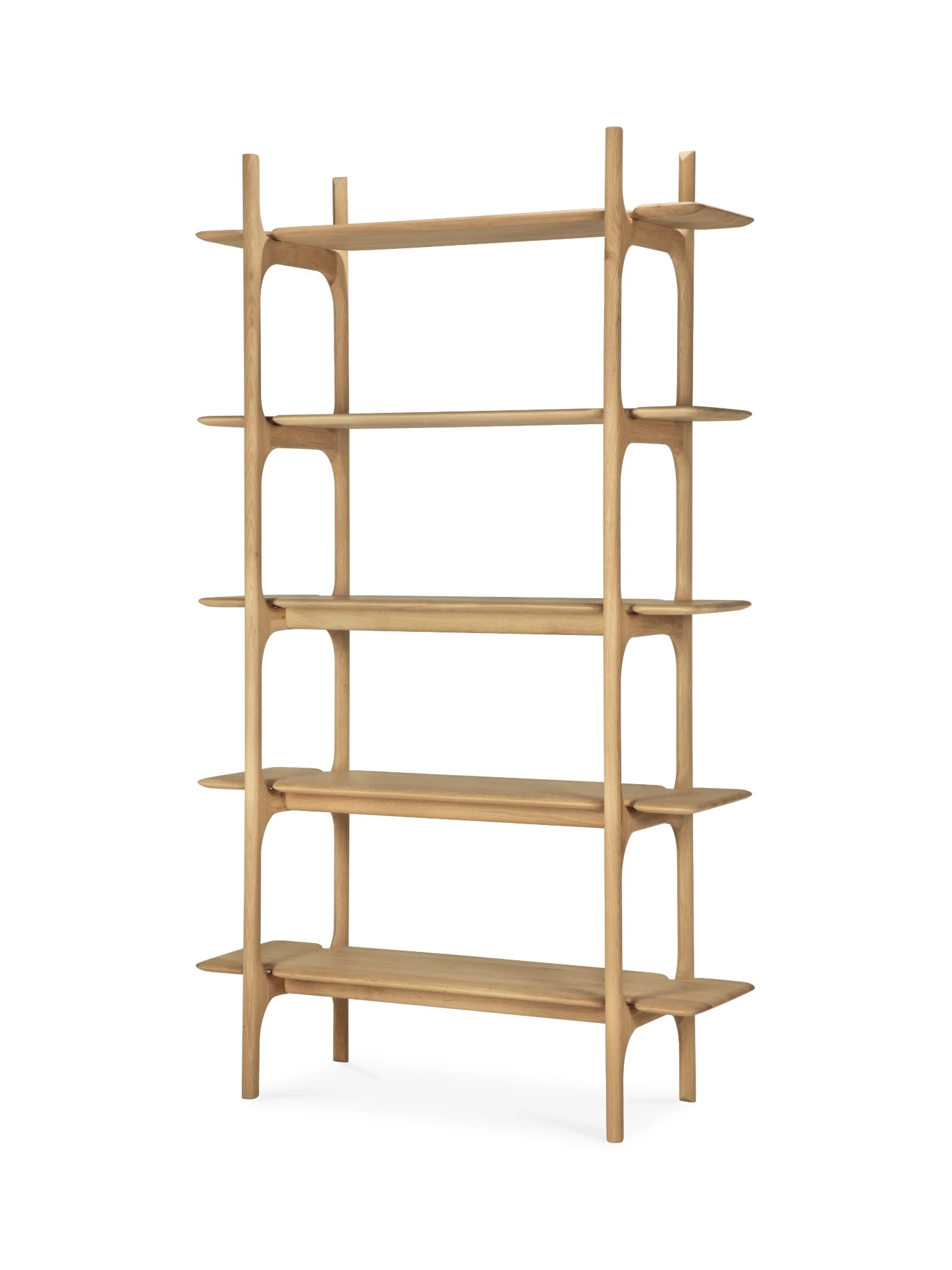 Ethnicraft PI Rack, a tall, modern five-shelf bookcase crafted from natural light oak wood, featuring organic, curved edges and a minimalist design, displayed upright on a clean white background.