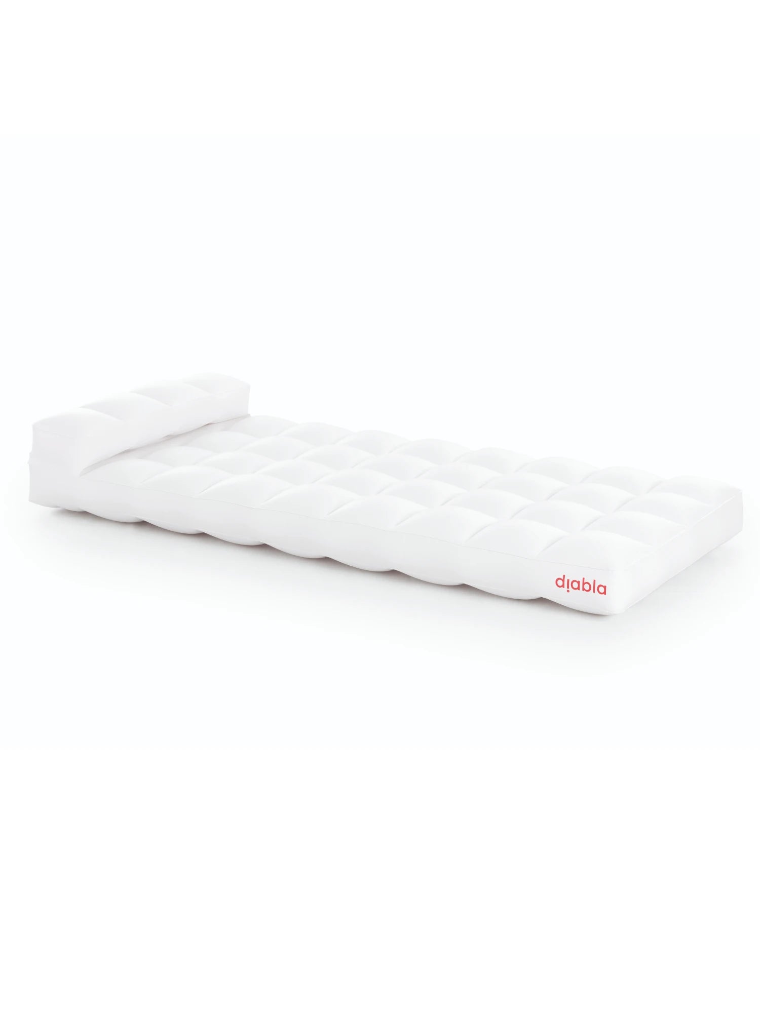 Diabla Cacao Air Mattress, viewed at a 45-degree angle, in brilliant white with a soft, inviting quilted surface and integrated headrest. The Diabla logo is subtly visible, indicating quality and modern design.
