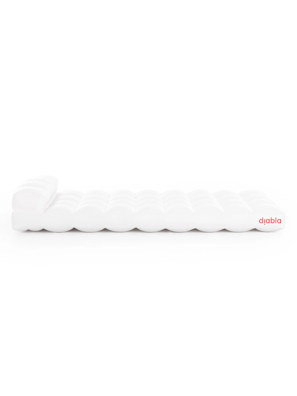 Diabla Cacao Air Mattress, displayed in profile, a luxurious white inflatable mattress with a distinctive quilted pattern and elevated headrest for superior comfort. The elegant Diabla logo is visible on the side.