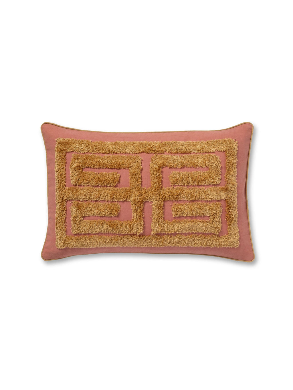 Palais Cleo Throw Pillow, a rectangular lumbar pillow featuring a dusty rose cotton-blend base with a striking mustard yellow tufted geometric pattern and camel piping detail. This textured boho accent pillow adds warmth and global style to any living room sofa, armchair, or bedroom decor.