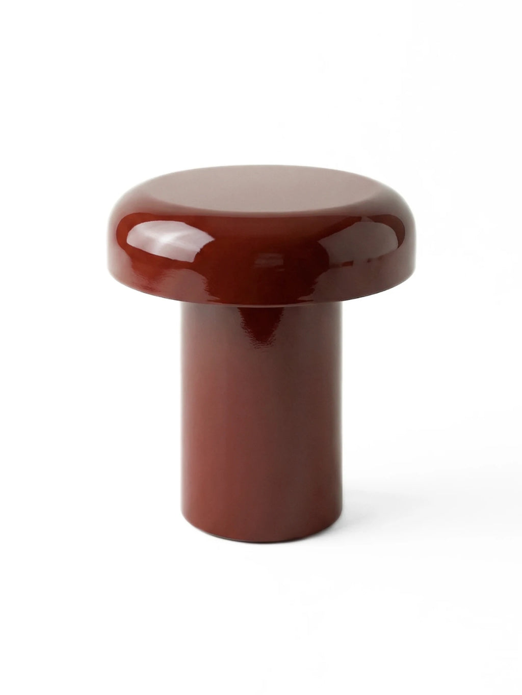 noo.ma Miko Side Table, a modern sculptural side table with a glossy terracotta brown lacquered finish, featuring a distinctive mushroom-inspired silhouette with a wide, rounded top and a sturdy cylindrical base. This contemporary accent table offers a minimalist aesthetic and a vibrant pop of color. Perfect as a statement piece for organic modern living rooms, stylish bedrooms, or chic entryways.