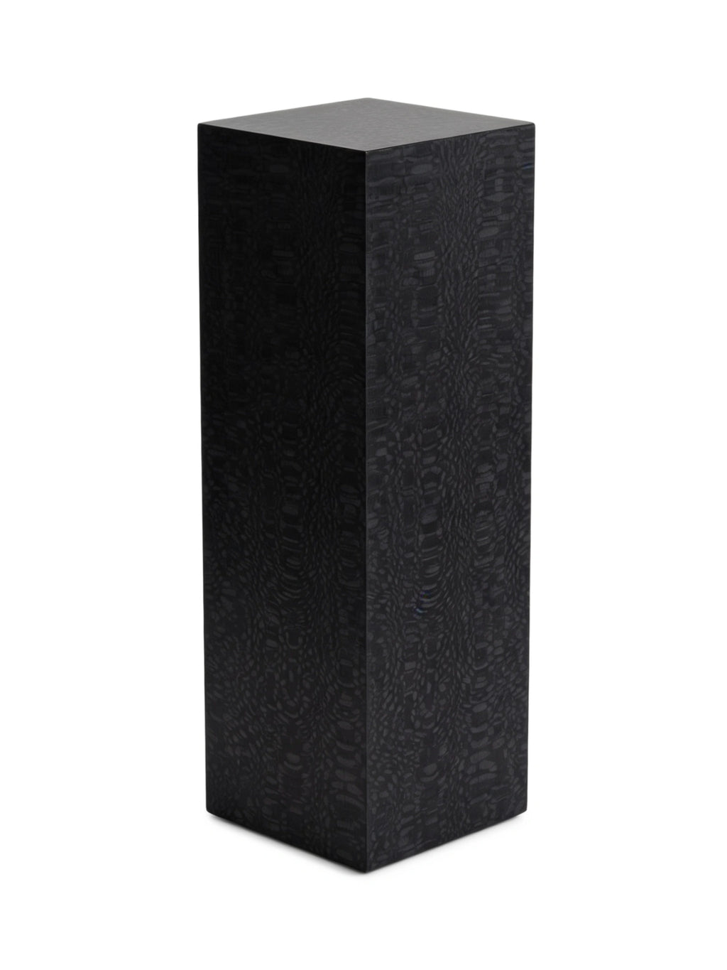 TCL Studios Monolith Lacewood Display Column, a sleek rectangular column crafted from deeply textured ebonized lacewood, showcasing a rich dark charcoal finish with a subtle, organic undulating grain pattern.