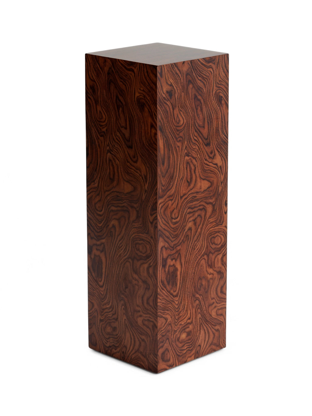 TCL Studios Monolith Muscato Display Column, a modern minimalist rectangular display column crafted from exotic dark wood with a rich reddish-brown hue and distinctive wavy grain patterns, finished with a smooth polished surface.
