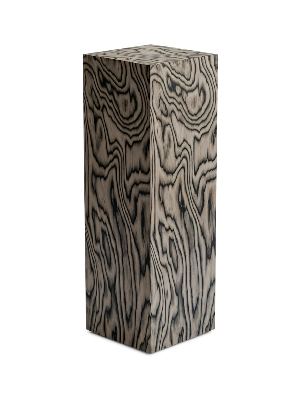 TCL Studios Monolith Sottsass Display Column, a striking postmodern side table featuring a tall, rectangular plinth silhouette crafted from wood with a dramatic high-contrast black and grey swirling grain pattern.