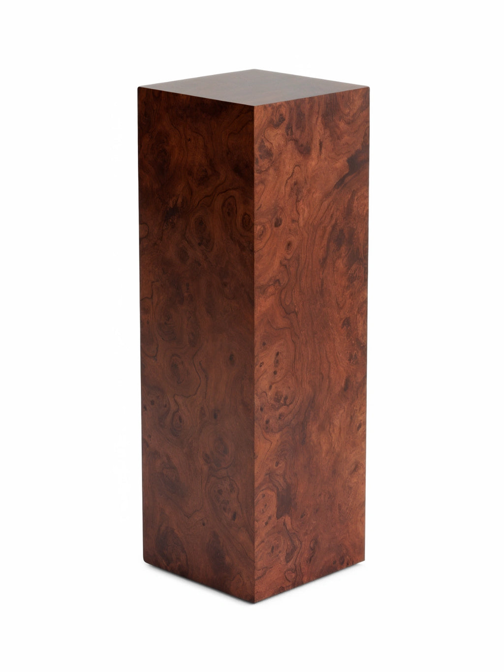 TCL Studios Monolith Walnut Burlwood Display Column, a sleek rectangular prism crafted from highly polished walnut burlwood, showcasing rich reddish-brown hues with intricate, swirling dark brown grain patterns.