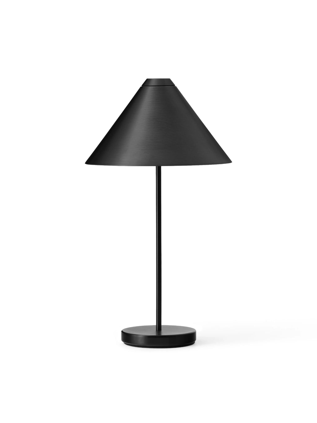 New Works Brolly Portable Table Lamp: Sleek matte black aluminum, cone-shaped shade on a slim stem and round base. A premium, modern lighting solution. Ideal for contemporary spaces.