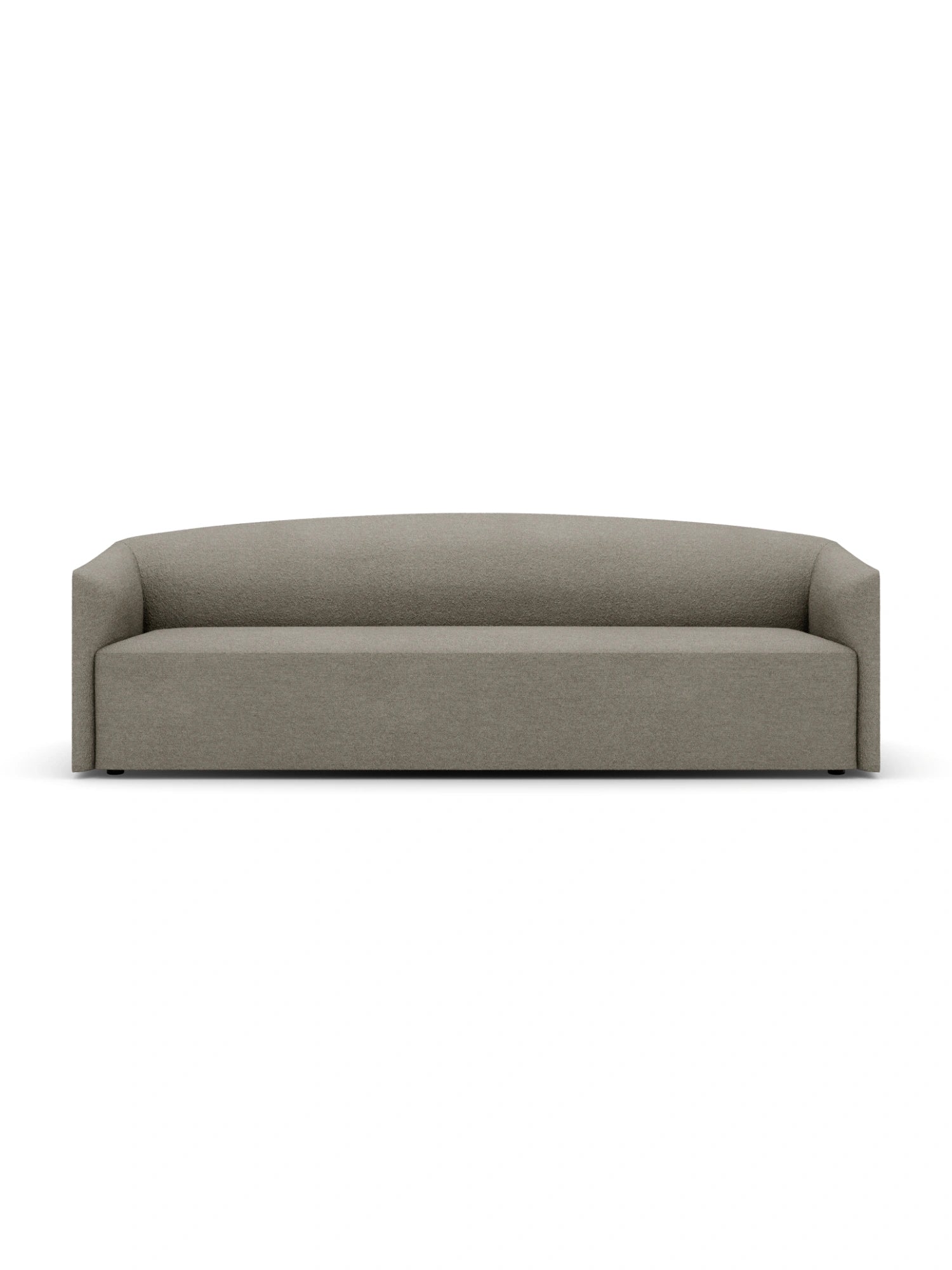 New Works Shore Sofa 3-Seater - Extended Base, in a warm 'Marlon Taupe' fabric, featuring a subtle texture and elegant curved arms, displayed on a pristine white background, highlighting its sophisticated and inviting aesthetic.