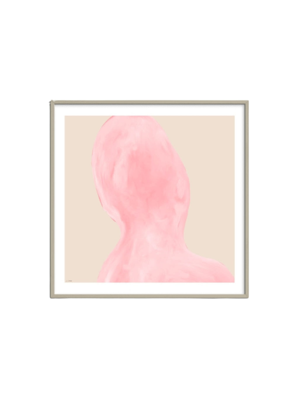 The Poster Club Abstraction, a minimalist abstract art print featuring a soft pastel pink organic shape with a painterly texture against a warm light beige background, encased in a sleek natural wood frame. This contemporary framed poster is perfect as modern wall art for Scandinavian bedrooms, organic modern living rooms, or a gallery wall statement piece.