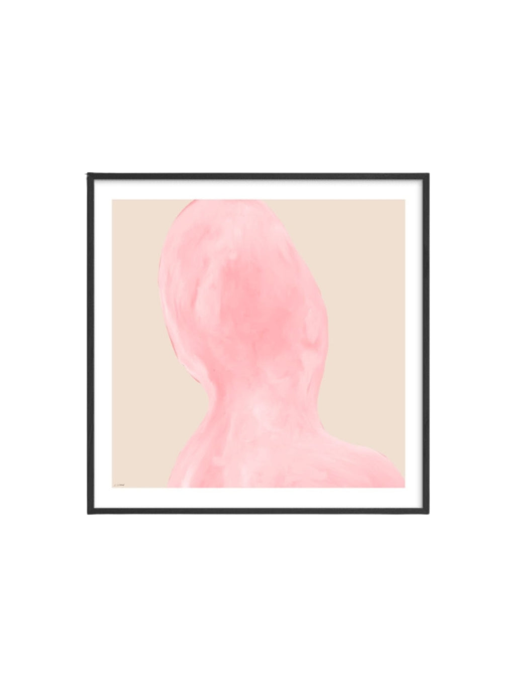 The Poster Club Abstraction, a contemporary abstract art print featuring a soft blush pink organic shape with subtle textured brushstrokes, set against a warm light beige background. This minimalist wall art is elegantly presented in a sleek black frame with a crisp white mat, offering a sophisticated touch. Ideal for adding a calming, organic modern aesthetic to living room walls, bedrooms, or curated gallery wall art displays.