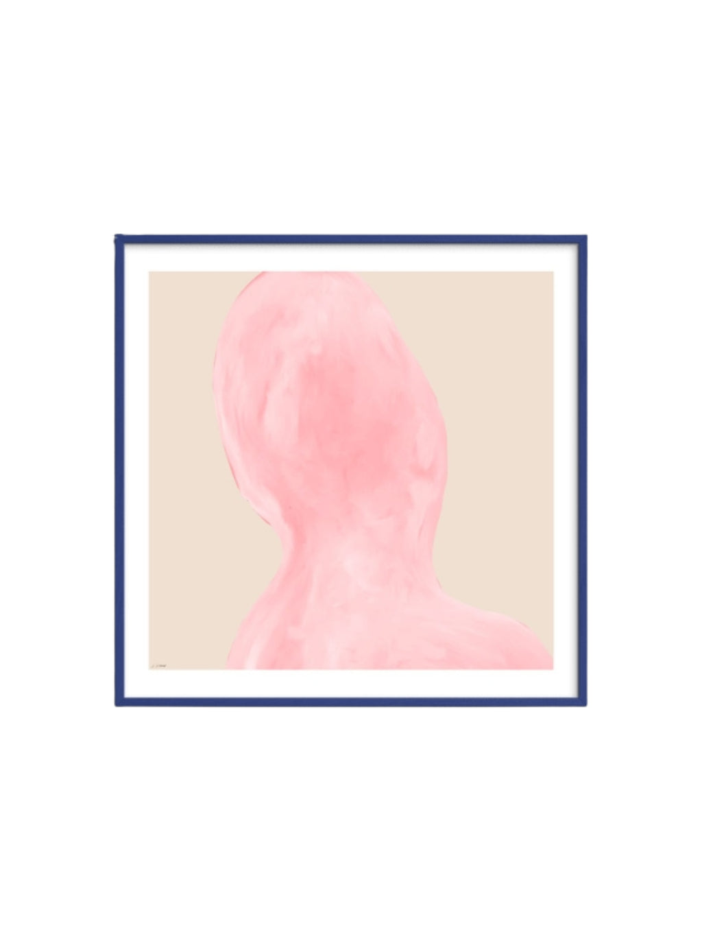 The Poster Club Abstraction, a contemporary abstract art print featuring a soft blush pink organic shape with subtle painterly textures against a warm beige background. It is presented in a dark navy blue frame with a clean white mat, offering a sophisticated contrast. Perfect as minimalist wall art for modern bedrooms, contemporary living rooms, or elegant gallery walls.