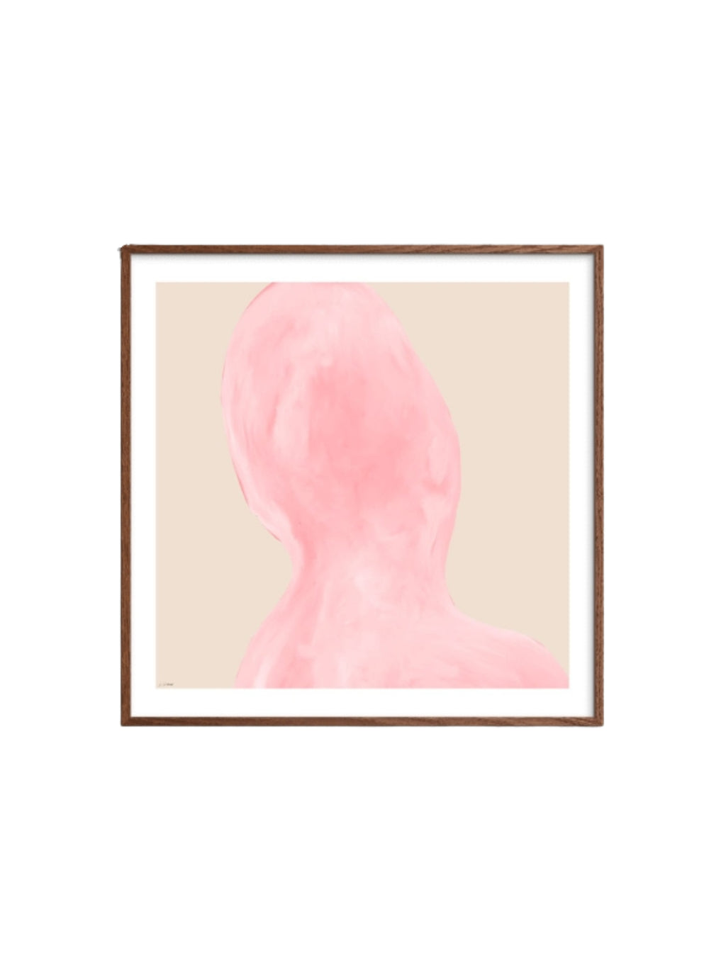 The Poster Club Abstraction, a minimalist abstract art print featuring a soft blush pink organic shape with painterly texture against a warm beige background, framed in a sleek dark natural wood frame with a crisp white mat. Perfect as contemporary wall art for modern living rooms, Scandinavian bedrooms, or a refined gallery wall.