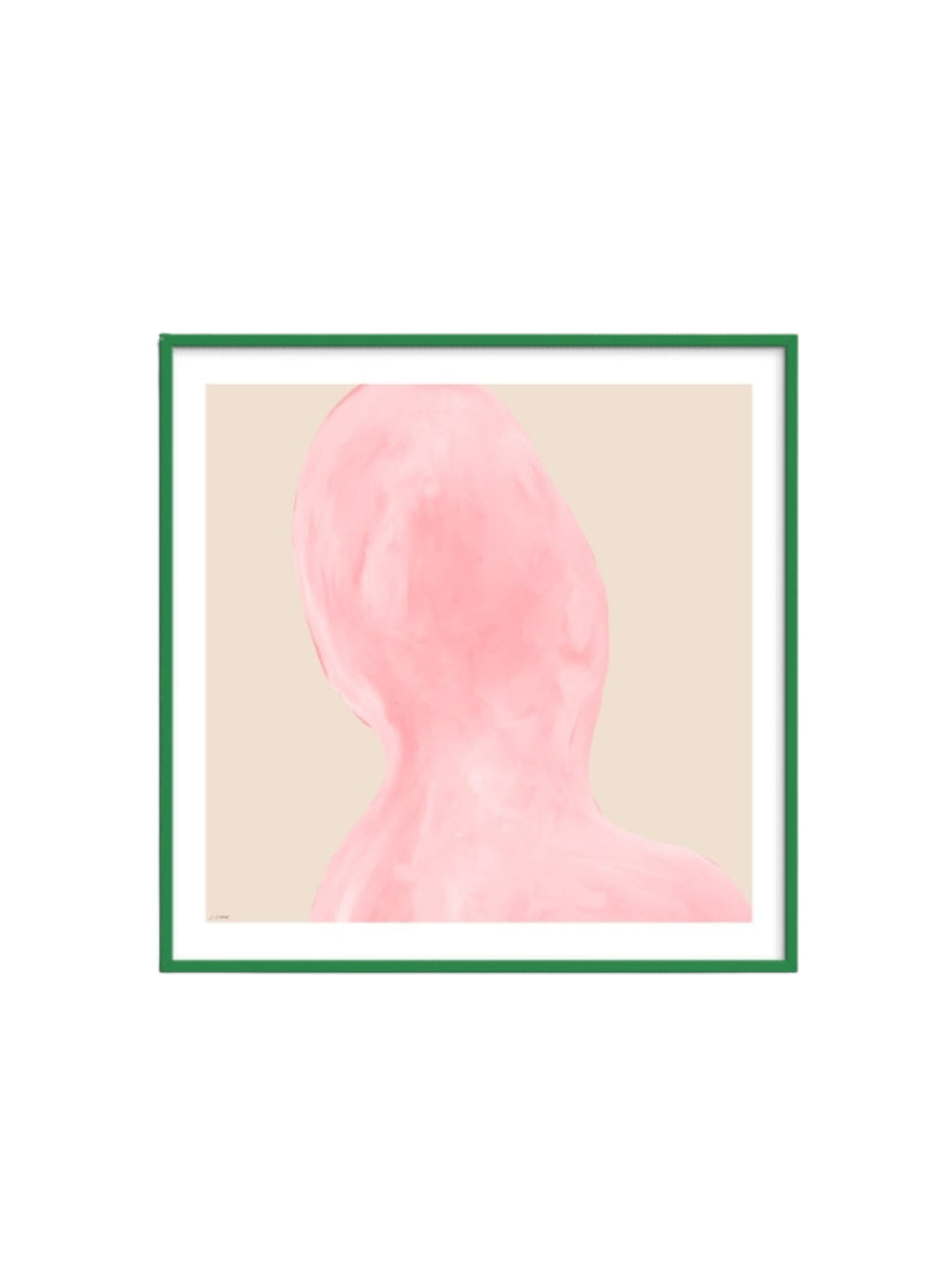The Poster Club Abstraction, a minimalist abstract art print featuring a soft, muted blush pink organic shape against a warm light beige background, with subtle painterly textures. The print is elegantly framed in a vibrant green frame with a crisp white mat. Ideal as contemporary wall art for Scandinavian living rooms, modern minimalist bedrooms, or organic modern gallery walls.