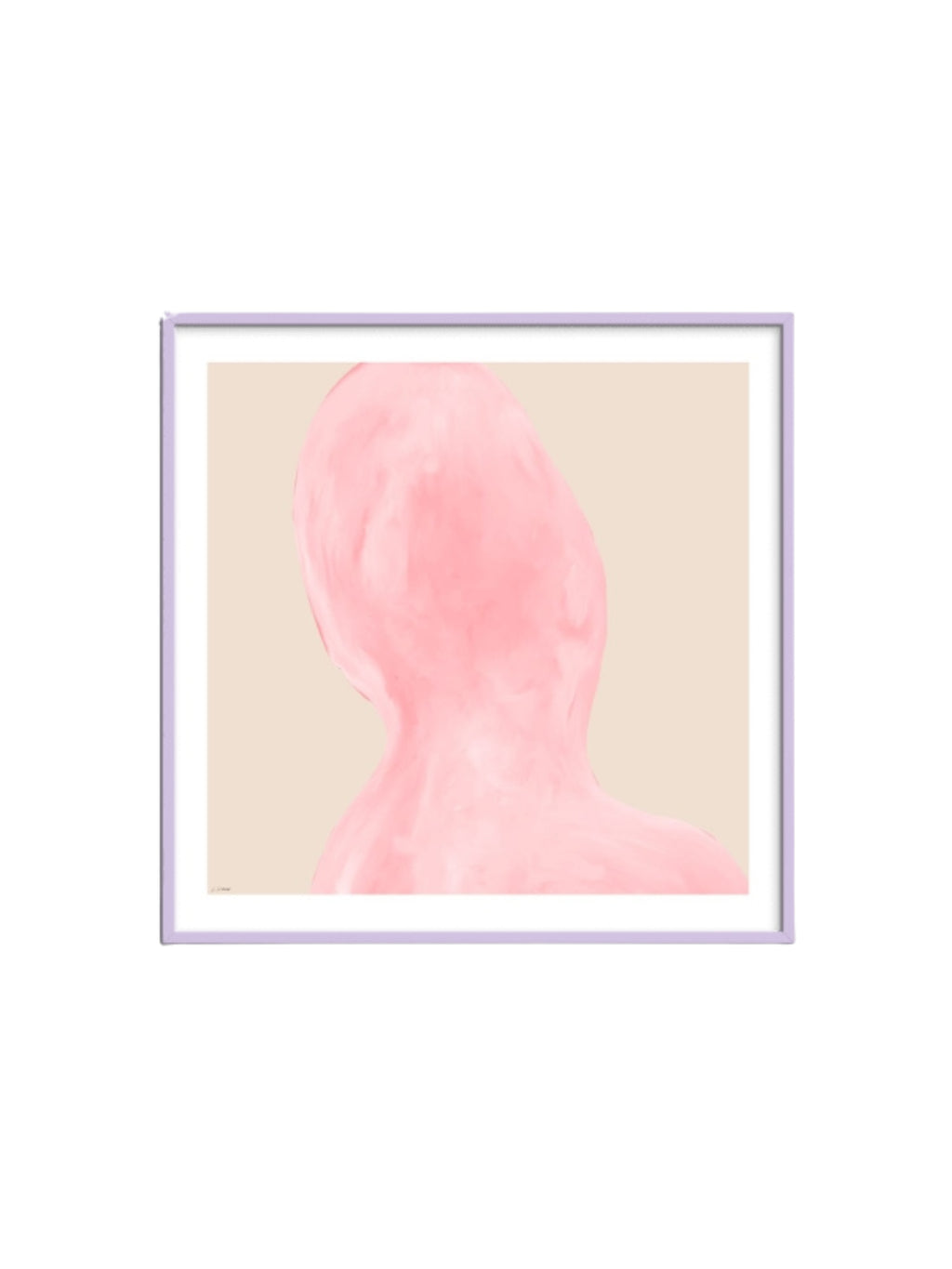 The Poster Club Abstraction, a minimalist abstract art print featuring a soft, organic pink form with painterly brushstrokes against a warm beige background. It is elegantly presented in a delicate lavender frame. This contemporary framed poster is perfect for adding a touch of pastel aesthetic to modern living rooms, bedrooms, or gallery walls.