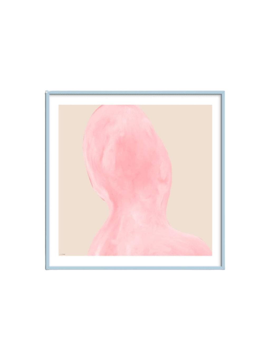 The Poster Club Abstraction, a minimalist abstract art print featuring a soft pastel pink organic shape with subtle brushstroke texture against a warm beige background, encased in a sleek light blue metal frame. This contemporary framed art print is perfect for adding a serene touch to modern living rooms, peaceful bedrooms, or stylish nursery wall art.