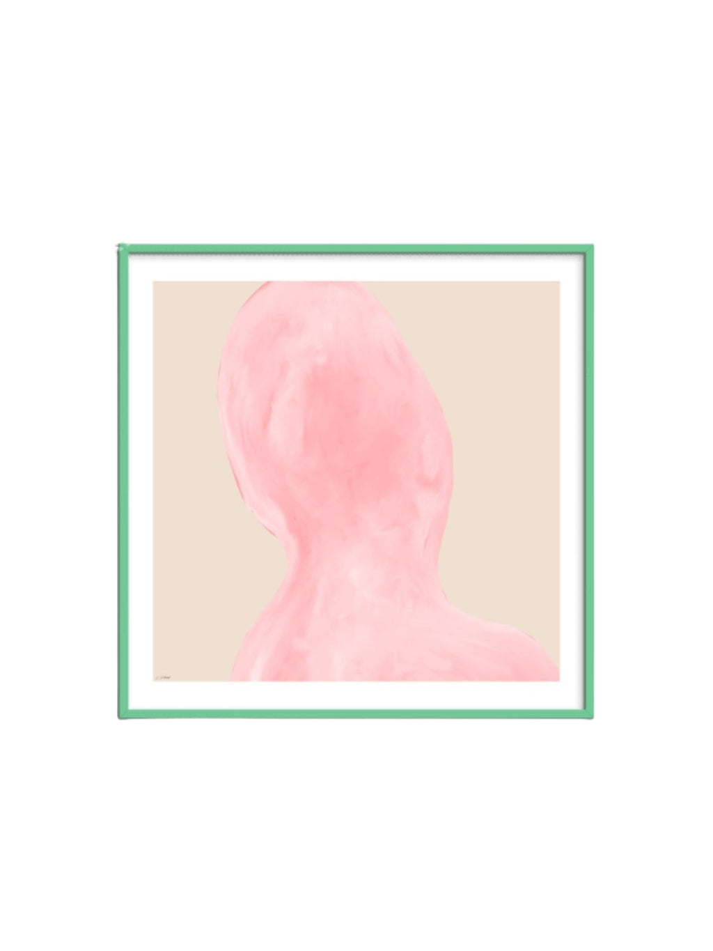 The Poster Club Abstraction, a minimalist abstract art print featuring a soft, organic pink shape with a painterly texture against a warm beige background. This contemporary wall art is elegantly presented in a vibrant green metal frame, offering a striking color contrast. Ideal for modern minimalist interiors, a gallery wall, or as a stylish bedroom accent.