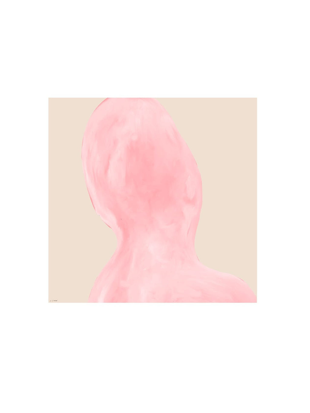 The Poster Club Abstraction, a minimalist abstract art print featuring an organic, soft blush pink form resembling a head and shoulders against a serene light beige background. The artwork has a painted, brushstroke texture, creating subtle variations in the pink tones. Ideal as contemporary wall art for modern minimalist bedrooms, living rooms, or gallery walls seeking a subtle pop of color.
