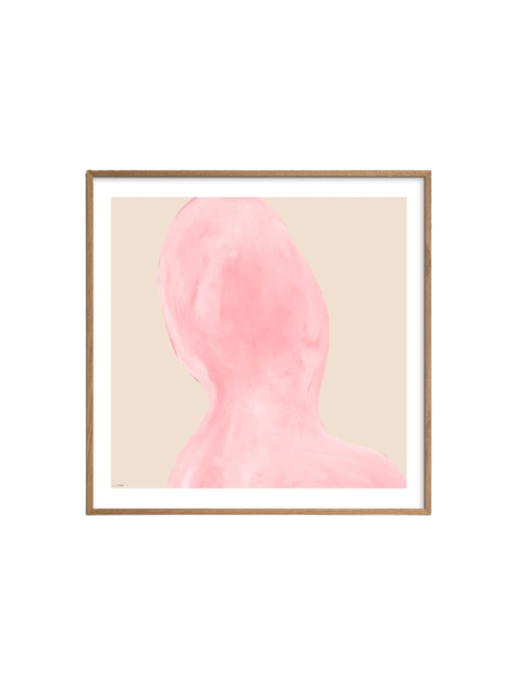 The Poster Club Abstraction, a minimalist abstract art print featuring a soft pastel pink organic shape resembling a head and shoulder silhouette, set against a warm beige background. It is elegantly presented in a natural oak wood frame with a crisp white mat. This contemporary pink wall art is perfect for Scandinavian bedrooms, minimalist living rooms, or modern gallery walls.