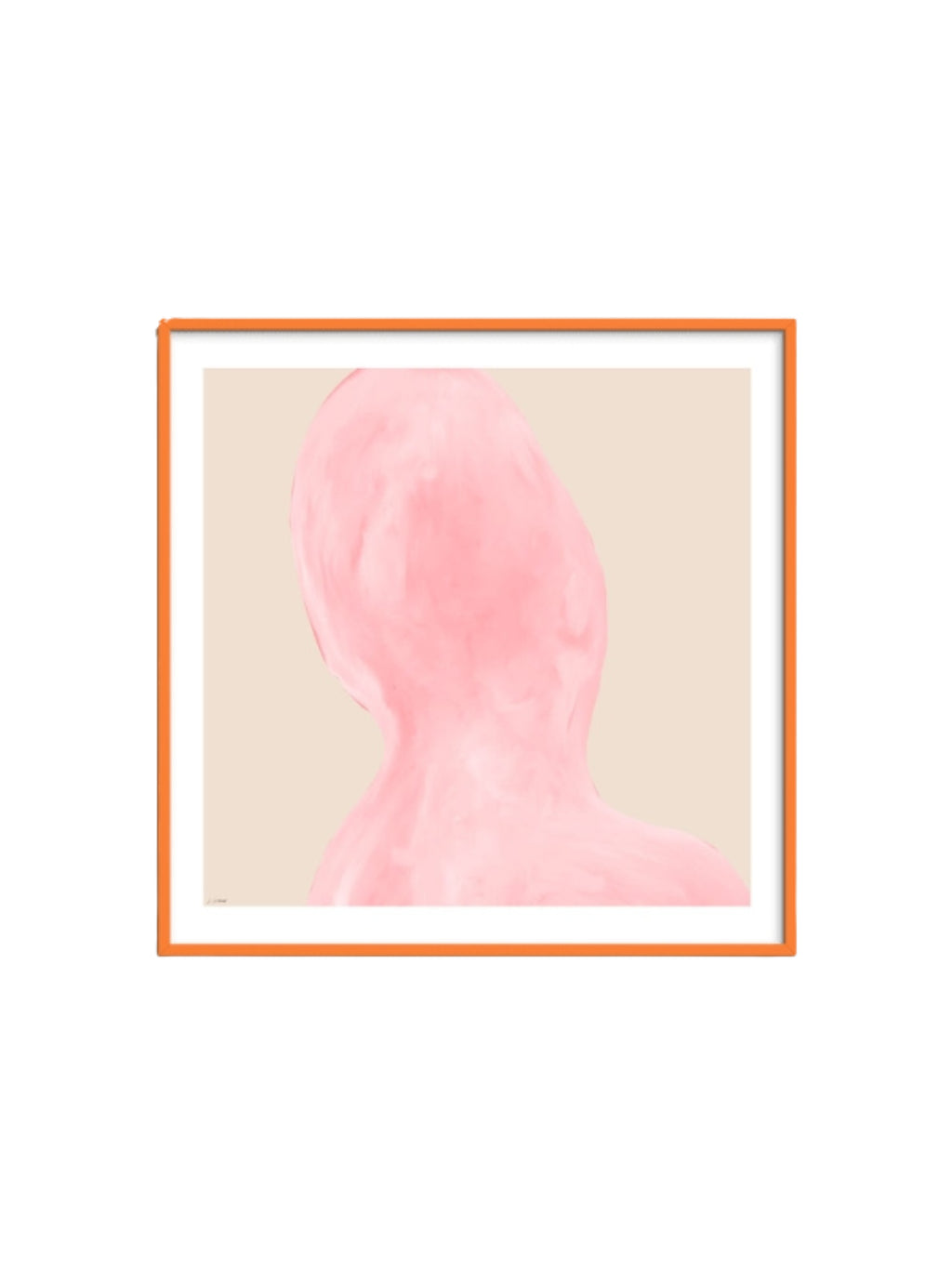 The Poster Club Abstraction, a minimalist abstract art print featuring a soft, organic pale pink shape with subtle brushstroke texture set against a warm light beige background. This contemporary art piece is elegantly framed in a vibrant orange frame with a crisp white mat. Ideal as modern wall art for Scandinavian living rooms, bohemian bedrooms, or a stylish addition to any contemporary gallery wall.