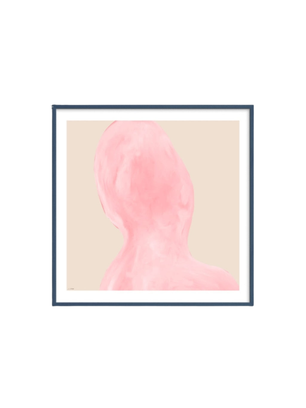 The Poster Club Abstraction, a contemporary abstract art print featuring a soft, organic pink form with painterly texture against a light beige background. This minimalist wall art is elegantly presented in a dark blue frame with a clean white mat. Perfect for adding a subtle pop of color and modern design to Scandinavian living rooms, serene bedrooms, or sophisticated gallery walls.