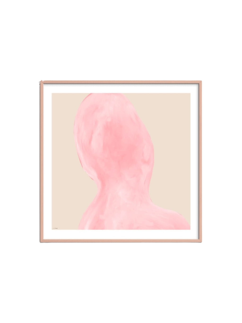 The Poster Club Abstraction, a minimalist abstract art print featuring a soft blush pink organic shape with painterly texture against a light beige background, beautifully framed in a natural oak frame with a crisp white.