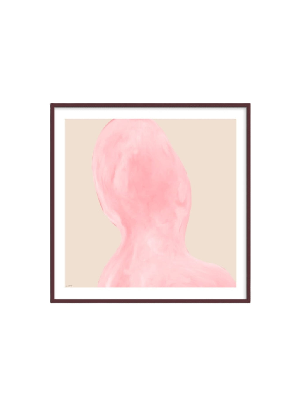 The Poster Club Abstraction, a minimalist abstract art print featuring a soft blush pink organic shape with a subtle watercolor-like texture against a light beige background. This contemporary art print is presented with a crisp white mat and a slim dark brown frame, enhancing its clean, modern aesthetic.