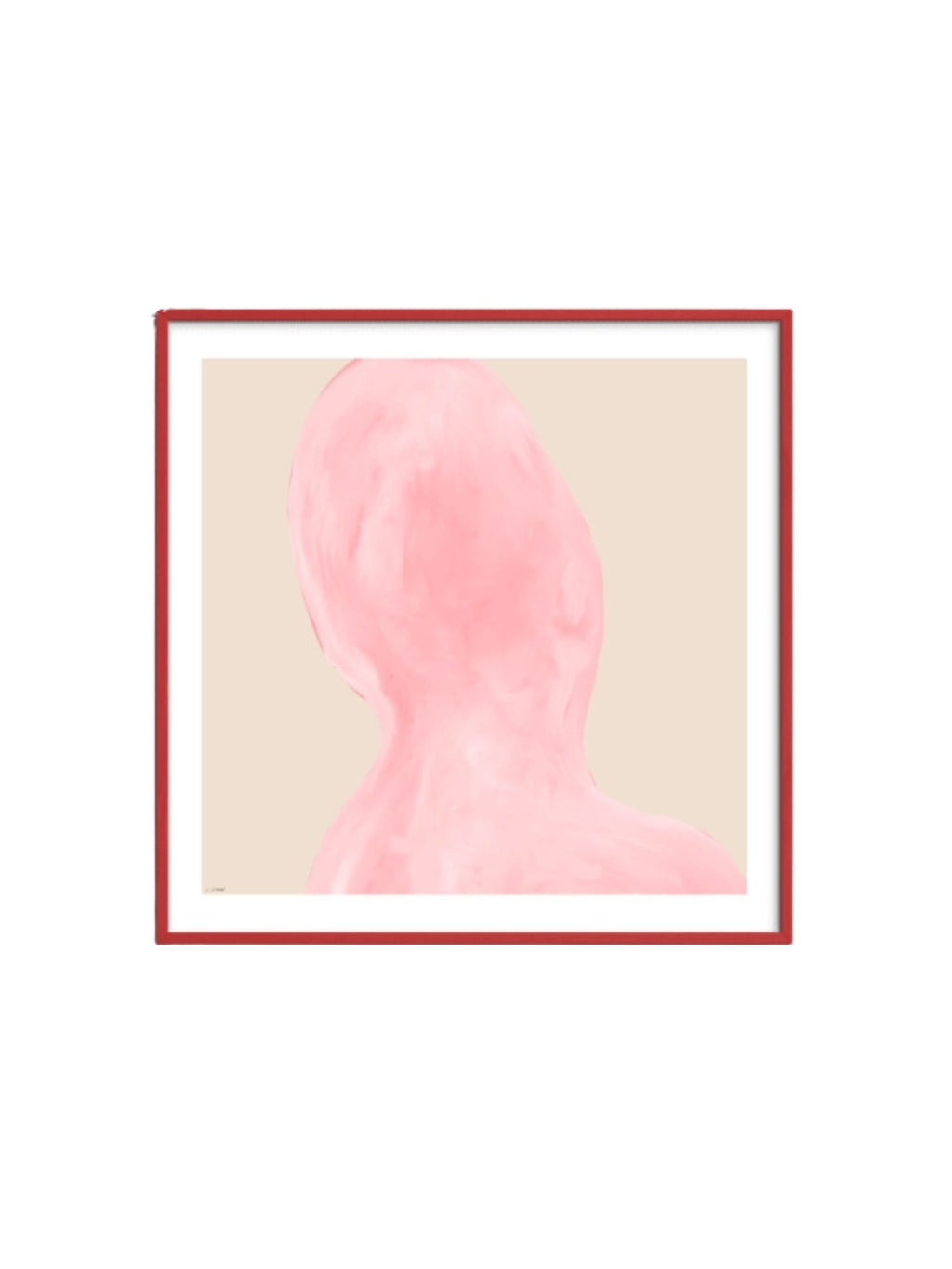 The Poster Club Abstraction, a contemporary abstract art print featuring a soft, organic pink shape with a subtle brushstroke texture against a clean cream background, elegantly framed in a vibrant red square frame. This minimalist wall art is perfect for adding a pop of color to modern living rooms, bedrooms, or a curated gallery wall.