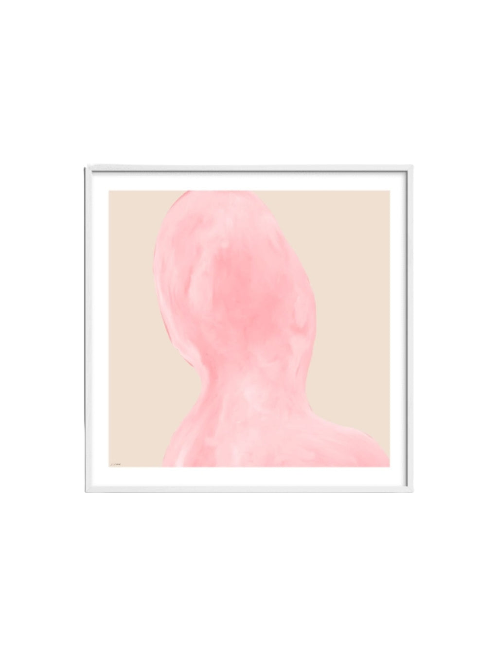 The Poster Club Abstraction, a minimalist abstract art print featuring a soft pastel pink organic shape resembling a human silhouette from behind, set against a warm beige background. It is presented in a crisp white frame with a clean white mat. Perfect as modern wall art for contemporary gallery walls, serene bedrooms, or minimalist living spaces.