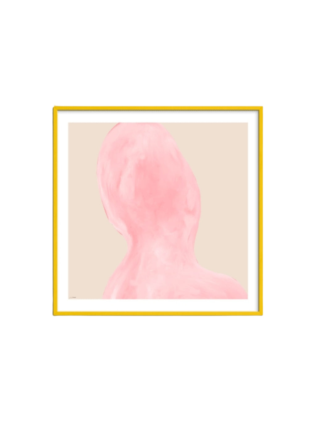 The Poster Club Abstraction, a minimalist abstract art print featuring a soft pale pink organic shape resembling a human form against a light beige background, framed with a crisp white mat and a vibrant yellow frame. This contemporary framed poster is ideal for adding a pop of color to a modern living room, bedroom wall, or gallery wall art display.